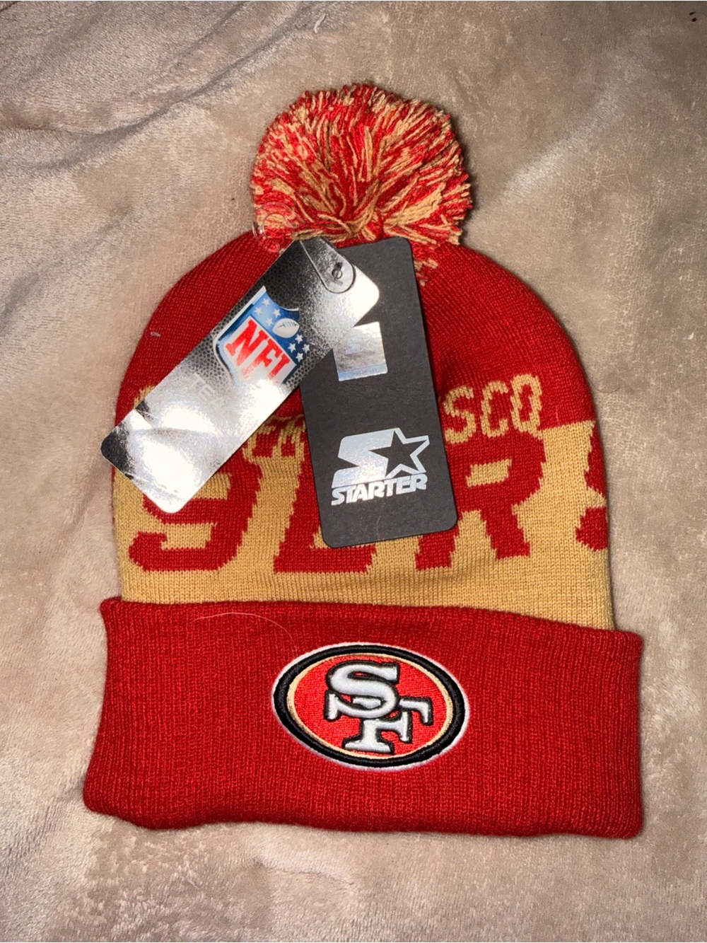 NFL San Francisco 49ers Red and Gold Pom Knit Beanie by Starter